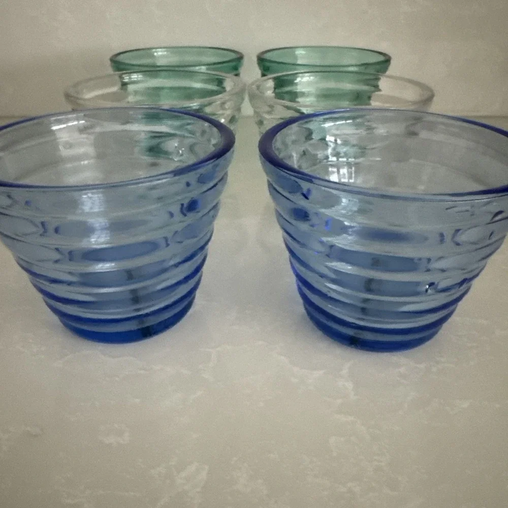 Crate And Barrel Votive Or Tealight  Holder Set Of Six Clear Colbot And Teal
